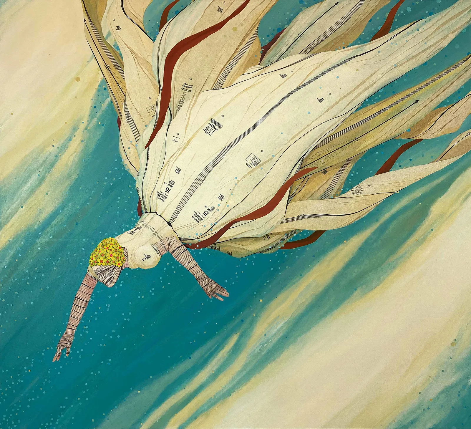 John Westmark acrylic and sewing pattens woman gracefully plunging in water available at Gilman Contemporary