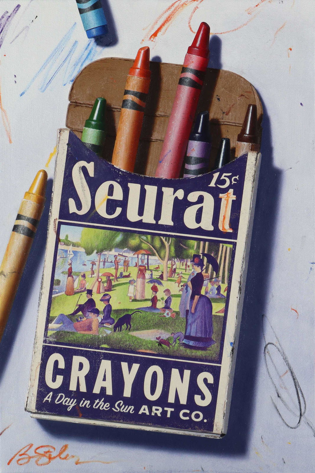 oil painting by Ben Steele crayons seurat label available at Gilman Contemporary