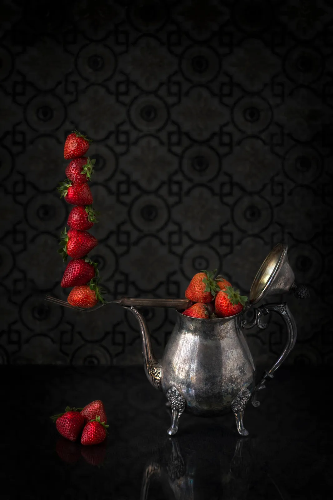 JP Terlizzi photo strawberries and silver teapot