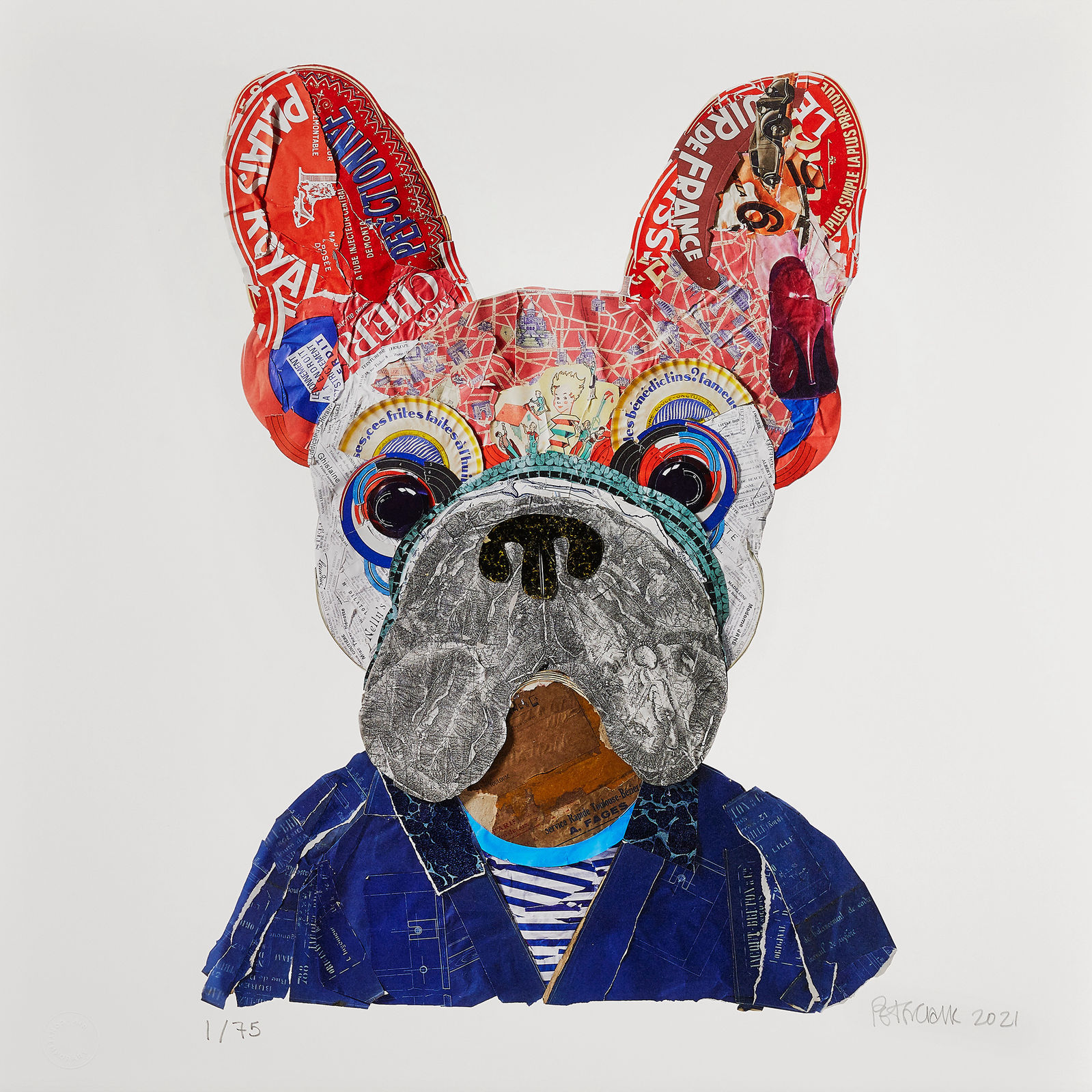 peter clark screenprint of collage french bulldog big ears