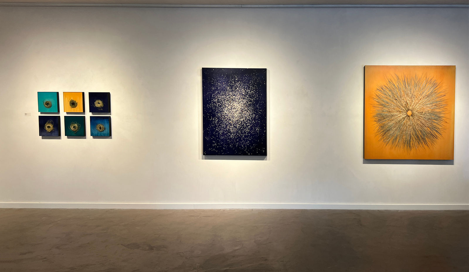 Wall inside gilman contemporary gallery featuring artwork by mayme kratz, grasses, spurge and shells in resin on panel in sun valley