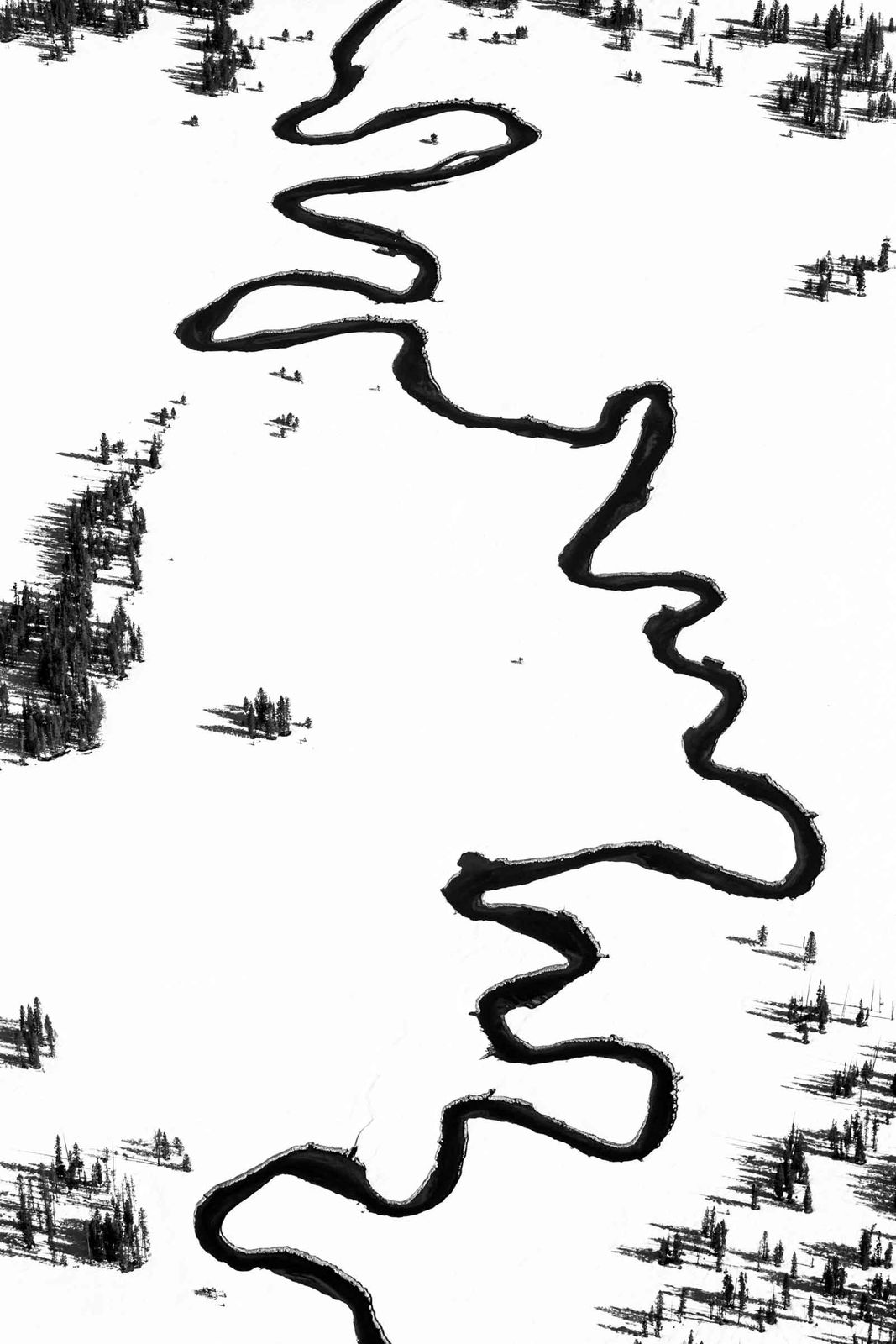 Tuck Fauntleroy photography B&W fine art aerial shots of winter rivers buy here Sun Valley contemporary art Gilman gallery