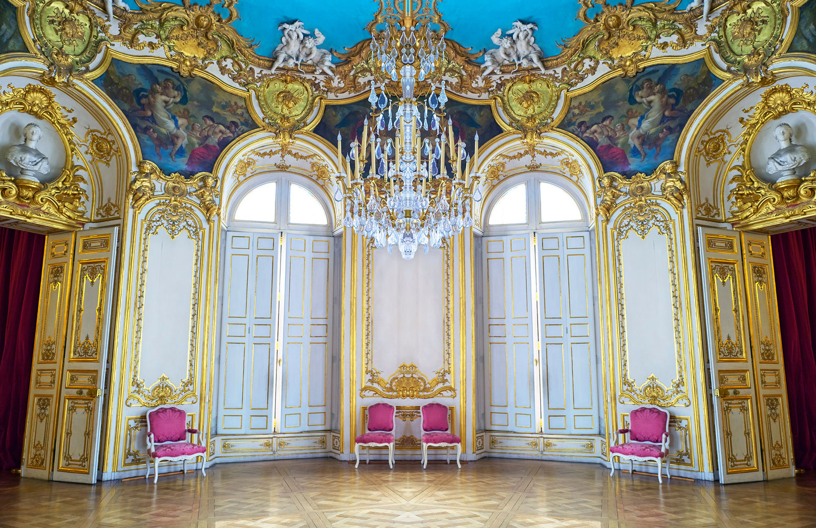 pink chairs in castle in france photograph by Laurie Victor Kay