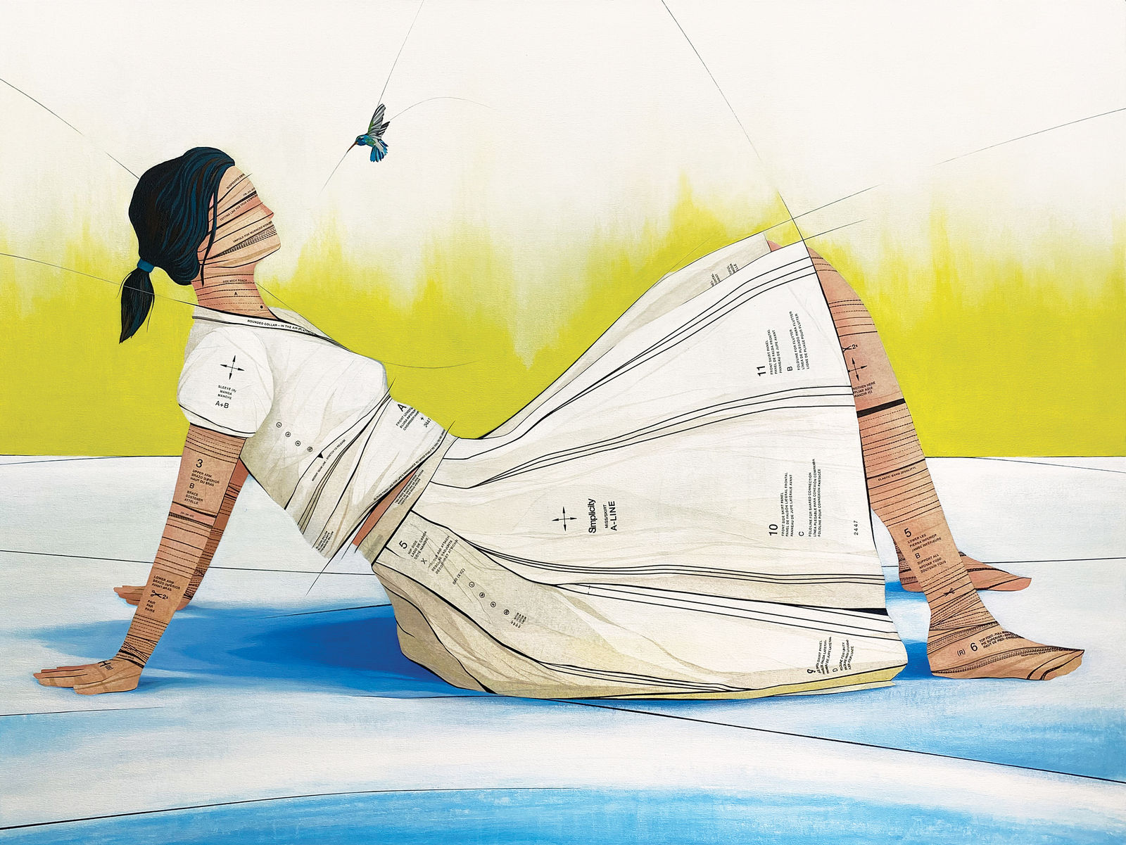 young woman reclines as a hummingbird comes to greet her