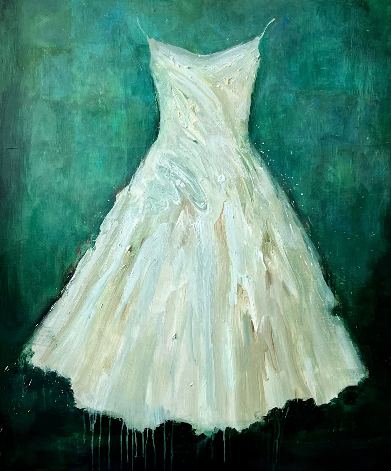 Laura Schiff Bean white dress painting on green