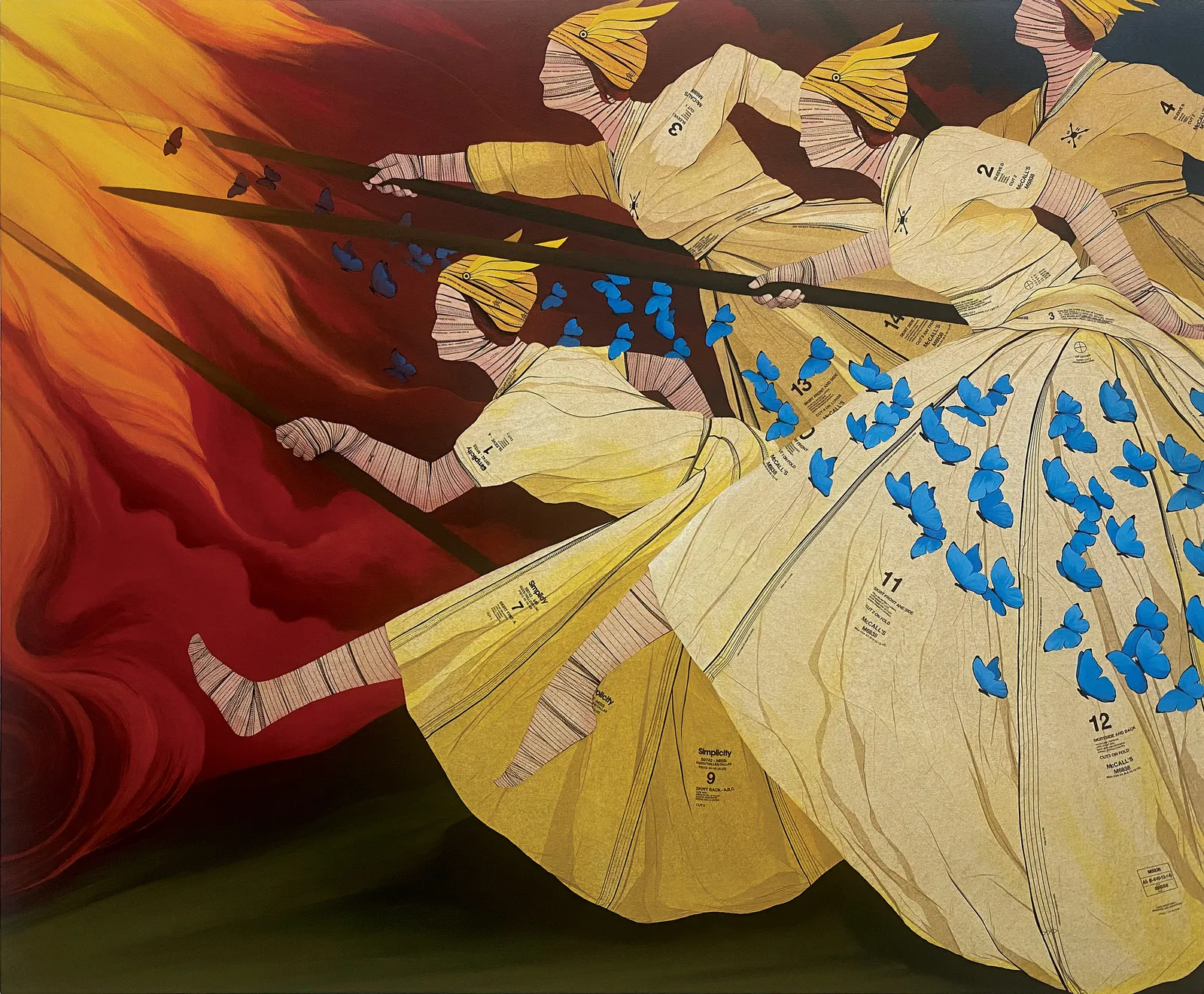 four viking style women with spear lunge from the right side of the canvas towards something off canvas to the left