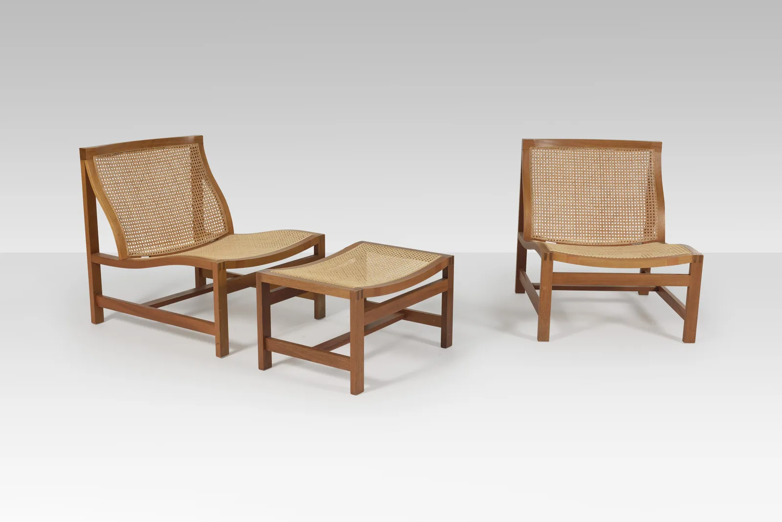 Rud Thygesen & Johnny Sørensen, Pair of lounge chairs and ottoman, 1969