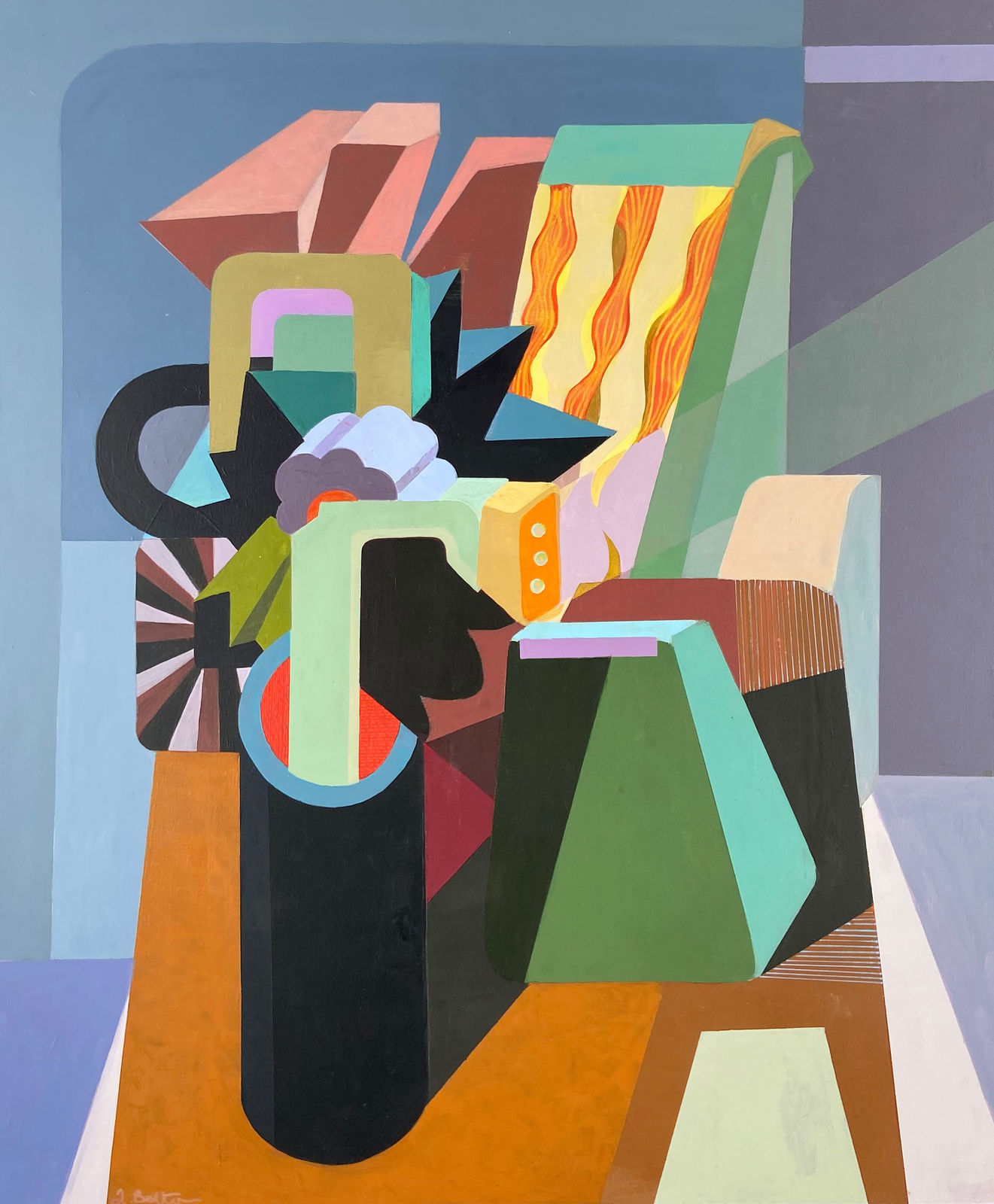 Jenny Belton, Still Life with Flowers, Lamp and Chair