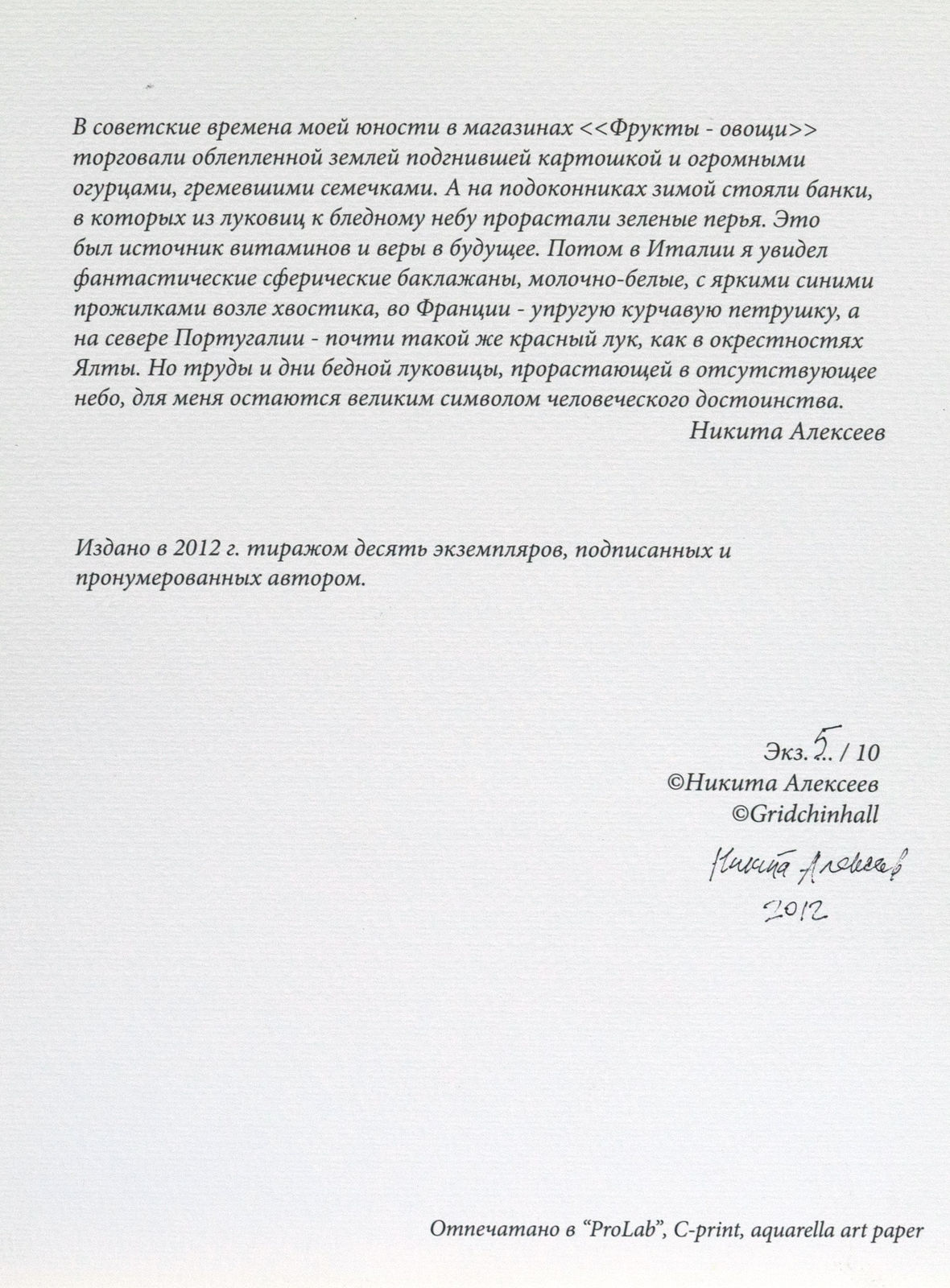 Nikita Alekseev, DAYS AND LABORS OF ONIONS (series of works) • ДНИ И ТРУДЫ РЕПЧАТОГО ЛУКА (серия работ), 2012