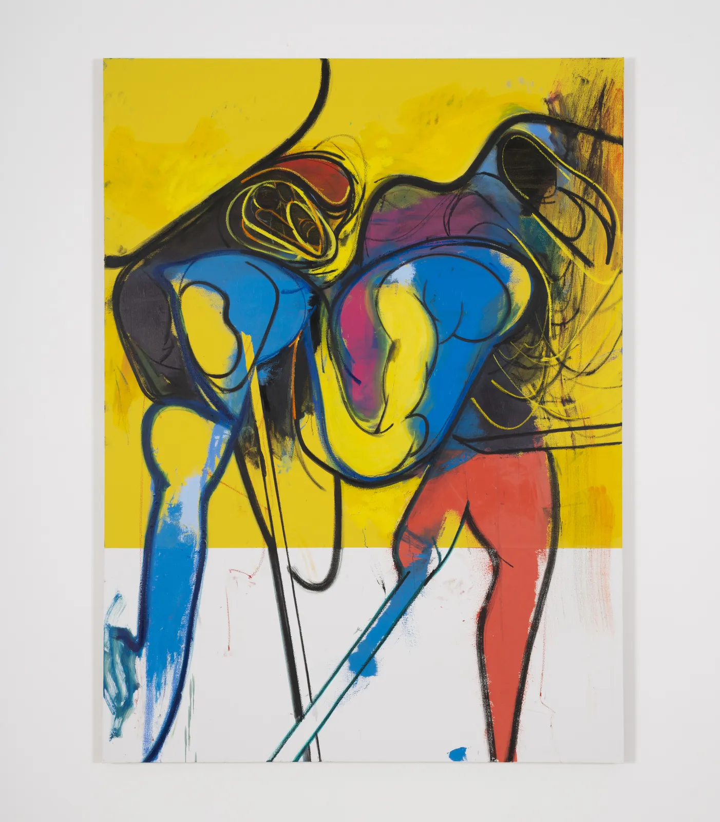 oil painting depicting abstract figures against a color blocked white and yellow background
