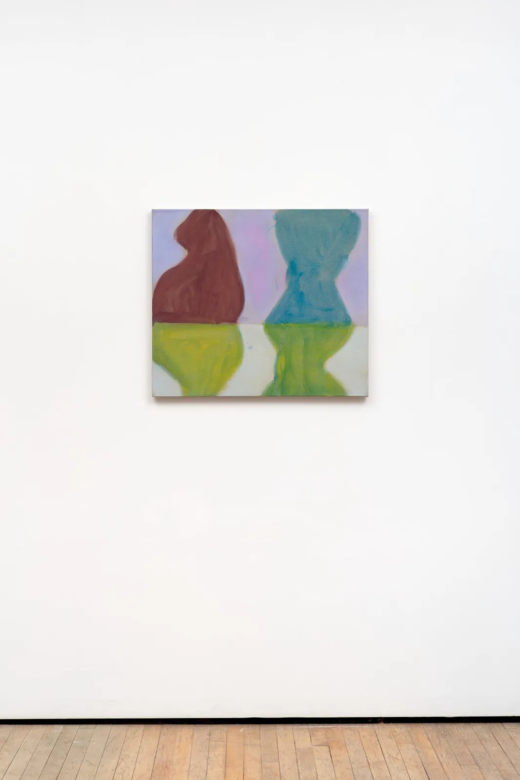 abstract painting of two organic shapes that are both colored lime green on the bottom. On the top, one is colored maroon and the other turqoise. The background is divided into two segments of lavender and light gray.