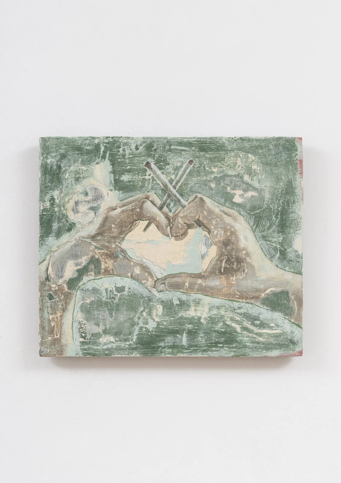 acrylic painting on wood panel depicting two hands forming a heart shape, both holding joints