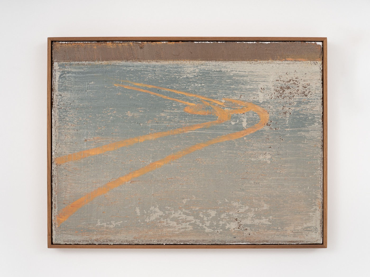 a dark turquoise abstract image using textured strokes of paint. there are curved orange strokes indicating a pathway over the turquoise running through the center.