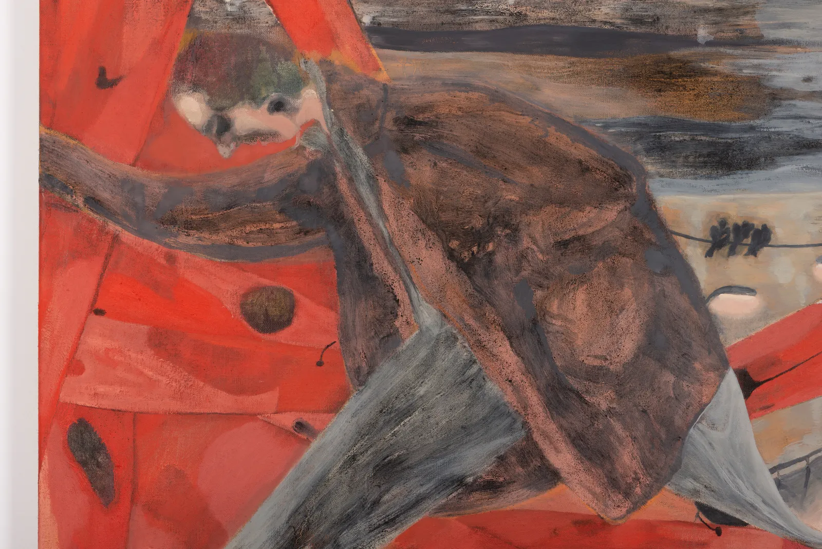 A mixed media painting of two men facing away from one another sitting on some sort of red wooden wall with a large hole in it.