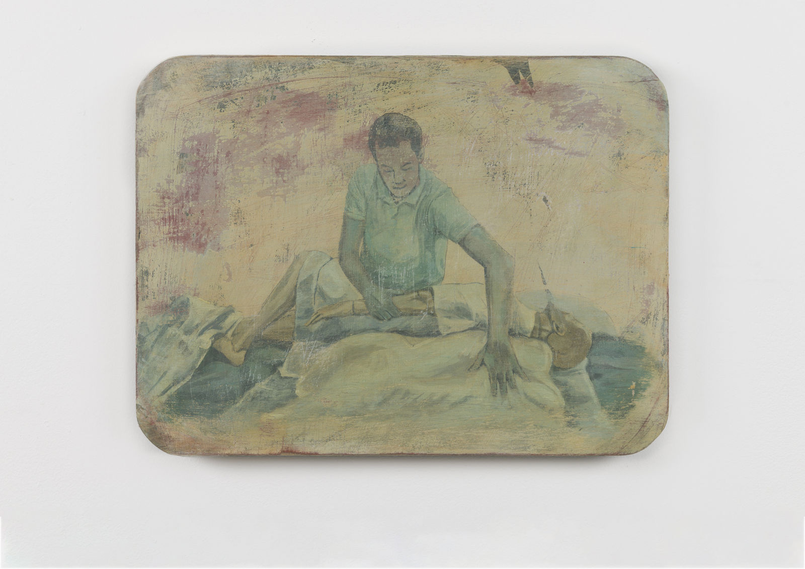 mixed media painting depicting one man adjusting the bedding of another sickly man