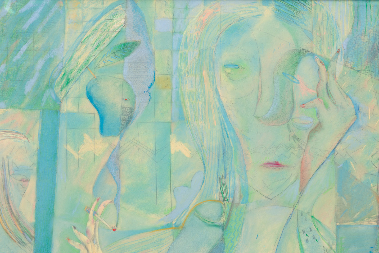 surrealistic soft green-blue etching of abstracted human figures and organic figures