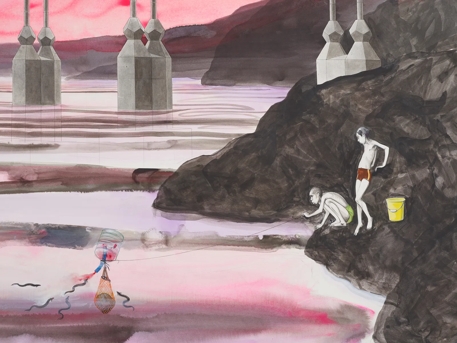 A detail of a big, mixed media drawing of boys fishing beneath a bridge with pink sky,