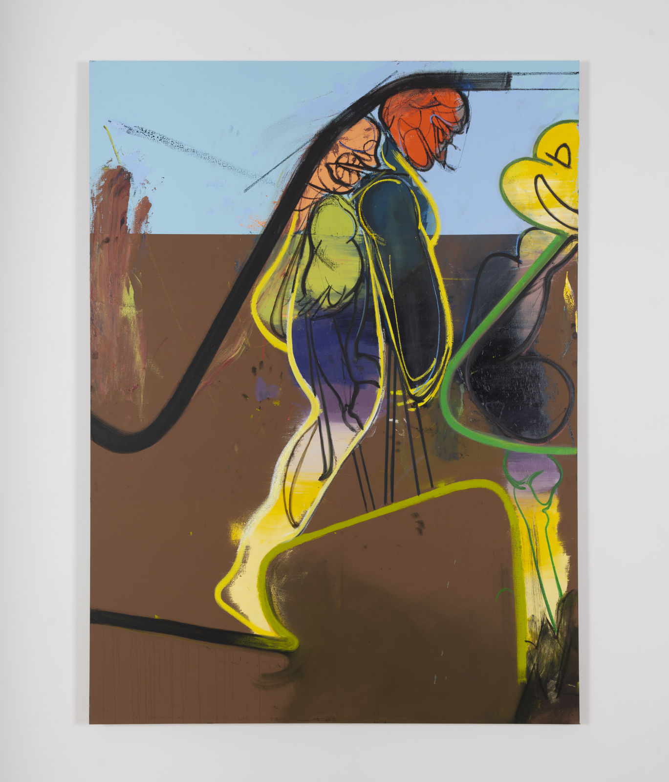 oil painting depicting abstract figures against a color blocked blue and brown background