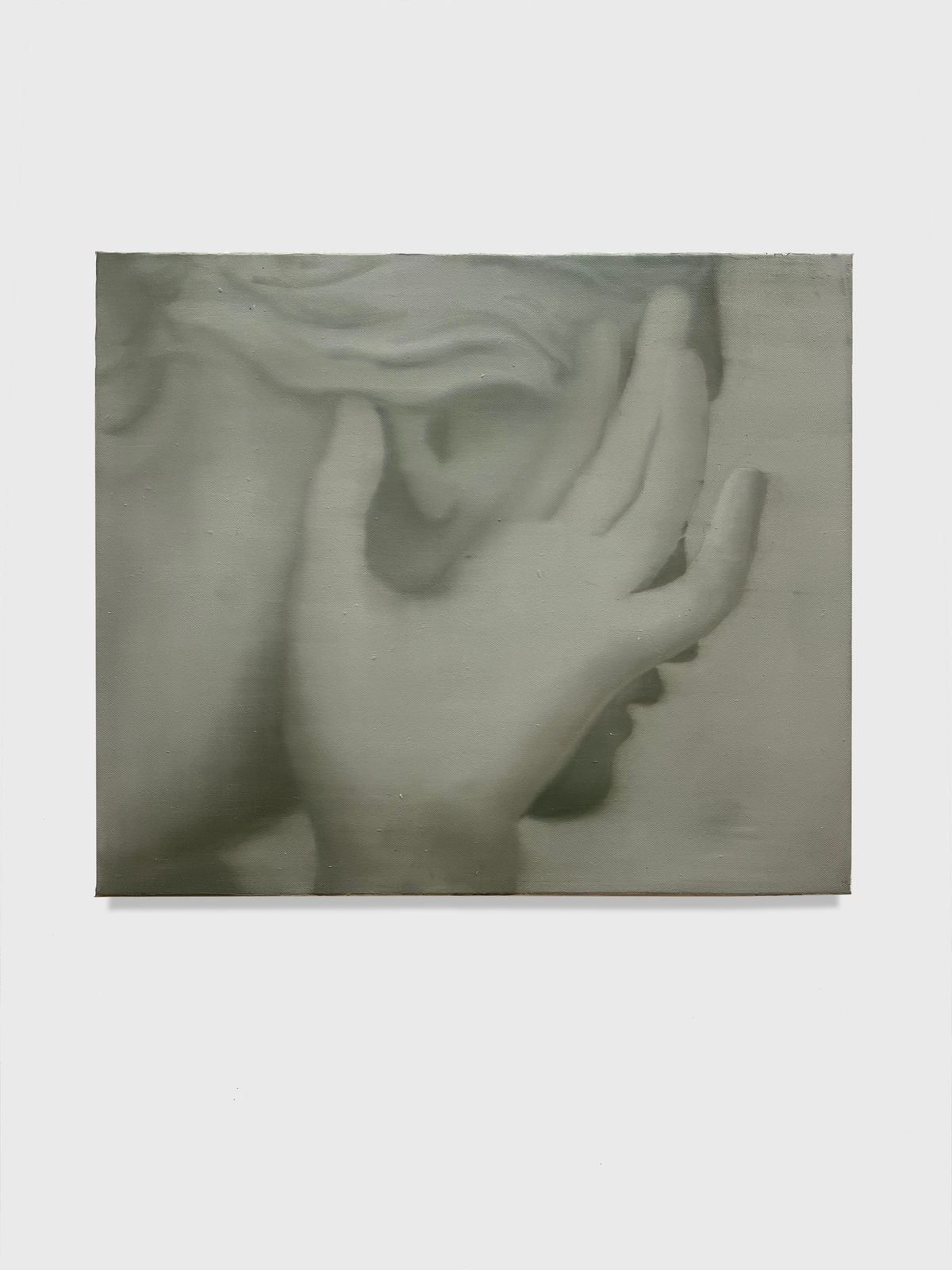 painted grayscale image of a side view of a woman with her hand next to her face. her face is facing away from the viewer, and her hand is outstretched toward the viewer.