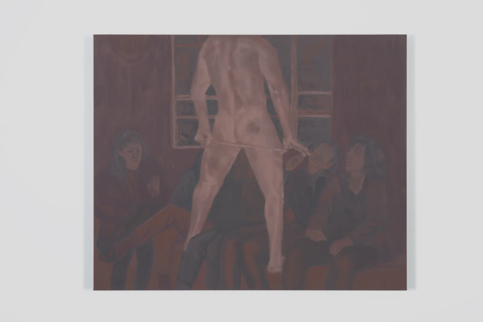 mixed media painting depicting a nude man standing over a group of seated women and exposing himself