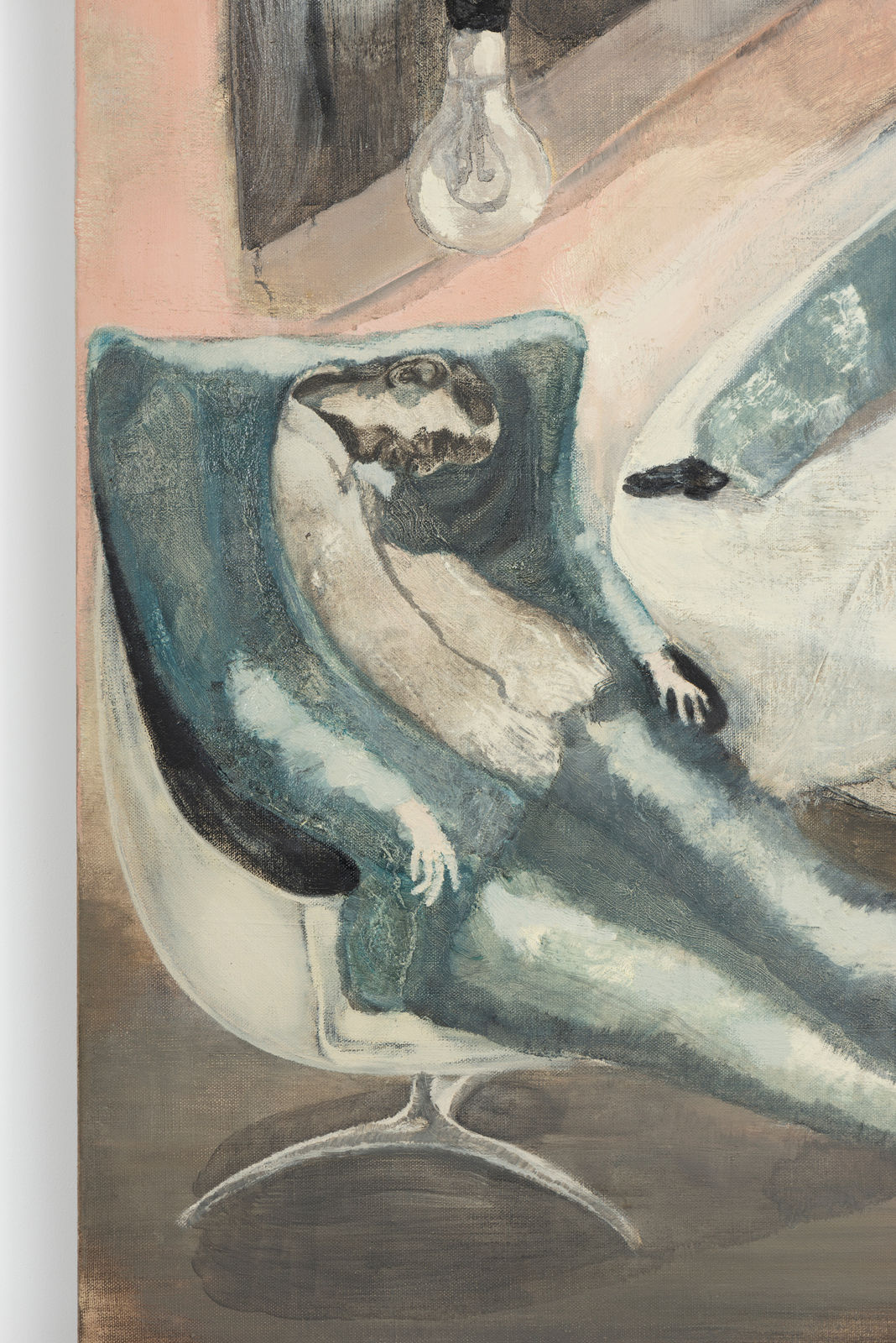 An abstracted oil on canvas image of various suited men lying on a large bed