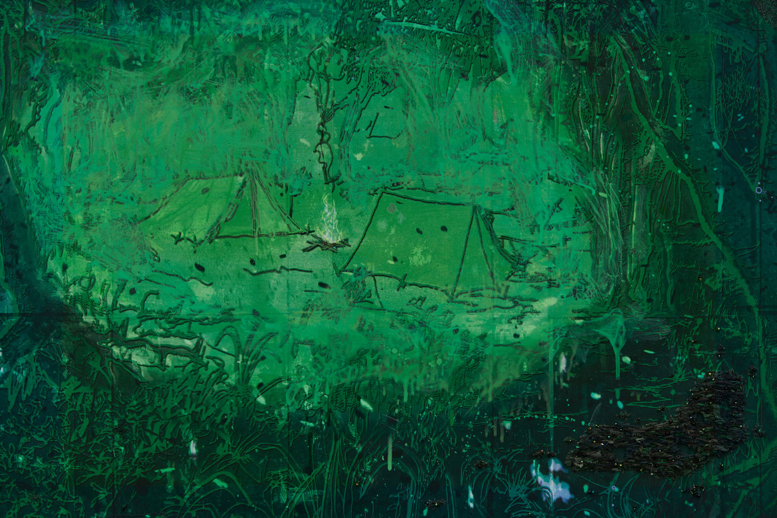 A mixed media image depicting two tents set up in a glade situated in the middle of a shadowy forest.