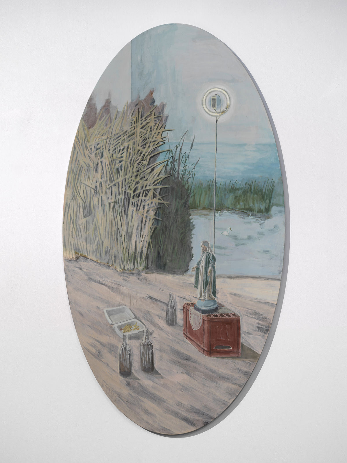 mixed media painting on ovoid wood depicting a shrine on a water bank