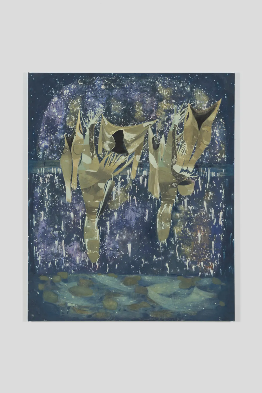 Oil on canvas of otherworldly figures dancing under a star-filled night sky.