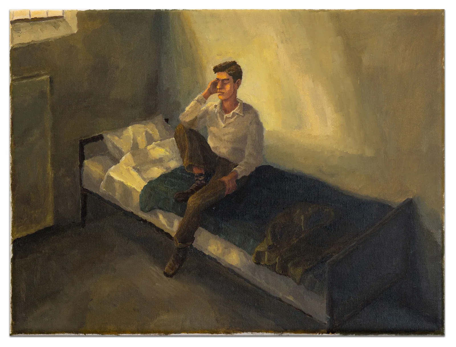 Oil on canvas depicting a perplexed looking man sitting on a bed.