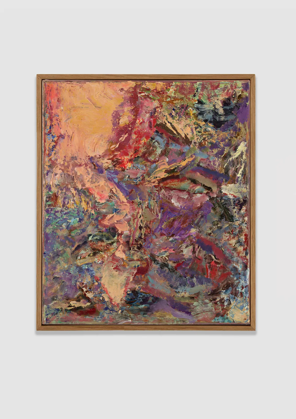 a small abstract painting colored with orange and purple and red marks