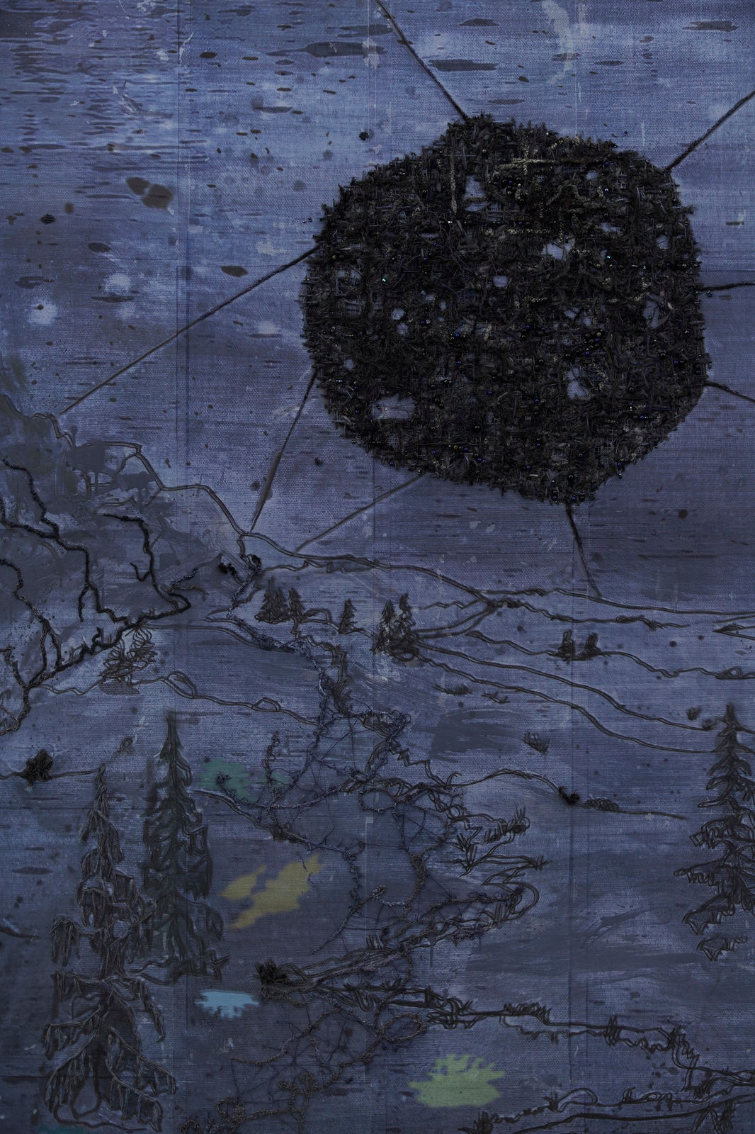 an abstracted landscape scene tinted with a dark indigo hue; the landscape is dotted with pine trees