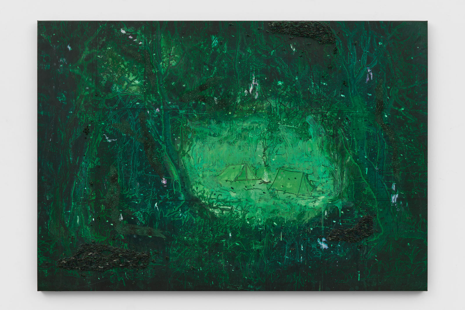 A mixed media image depicting two tents set up in a glade situated in the middle of a shadowy forest.