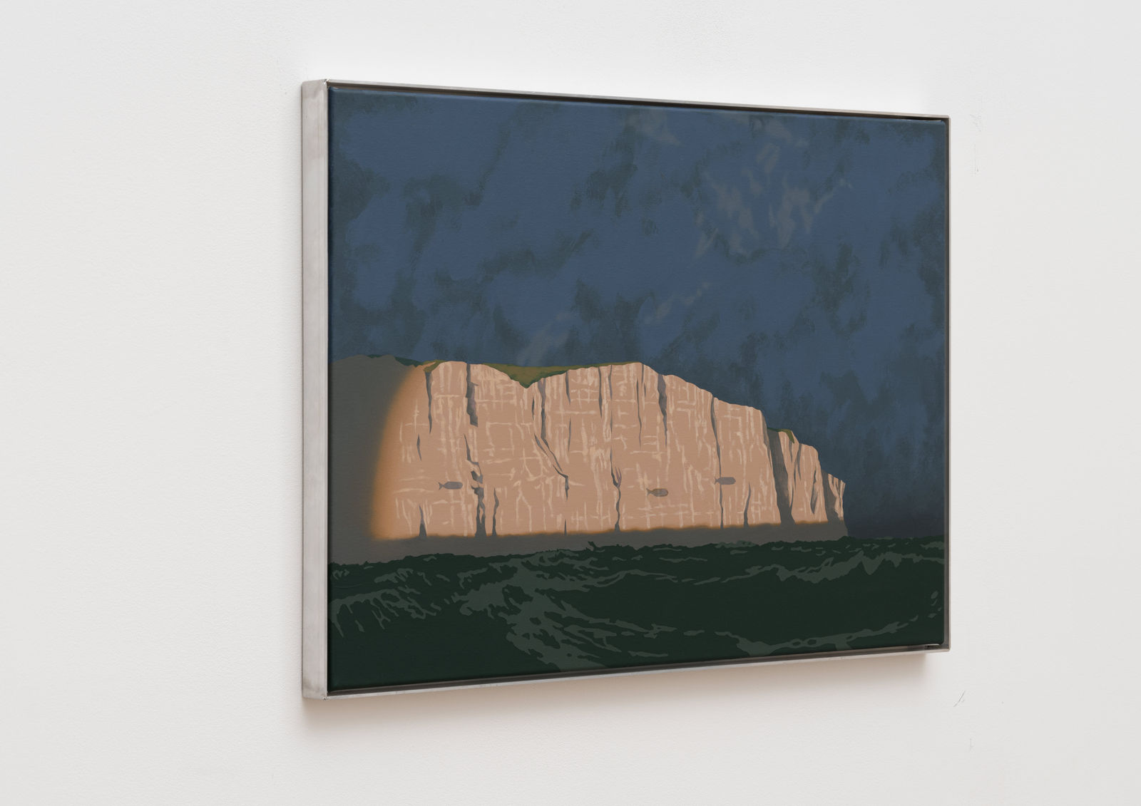 An acrylic painting of a rocky cliffside by the sea.