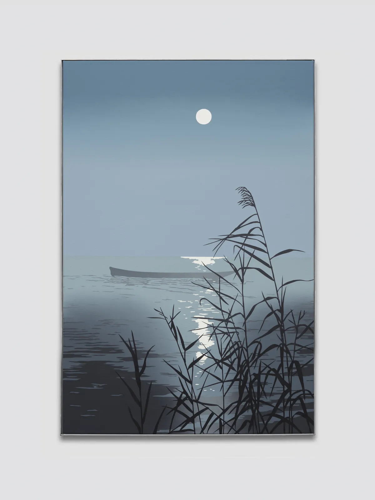 An acrylic on canvas depicting an empty canoe floating in a body of water underneath the light of a full moon.