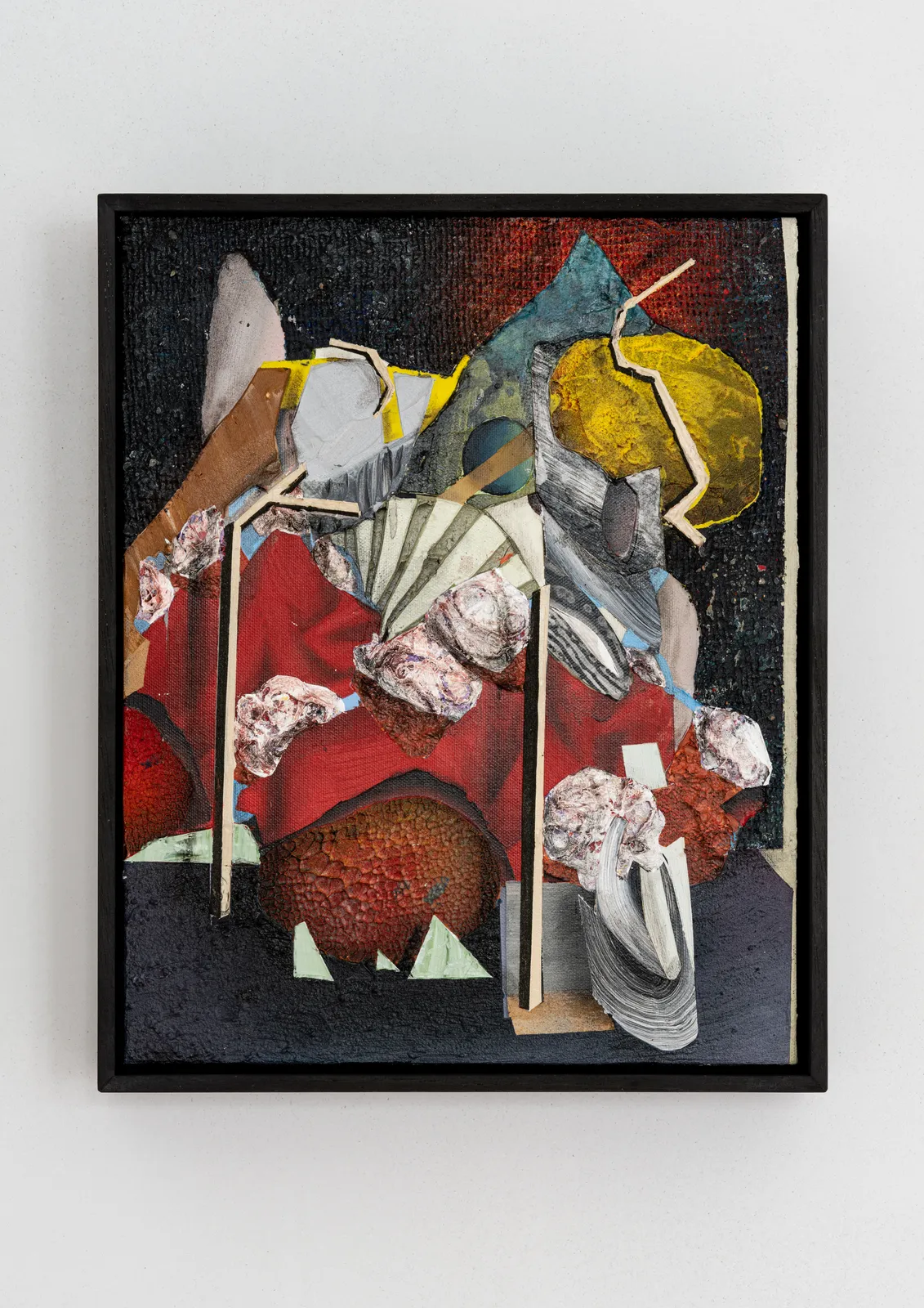 mixed media painting depicting a still life of abstracted objects arranged in a pile