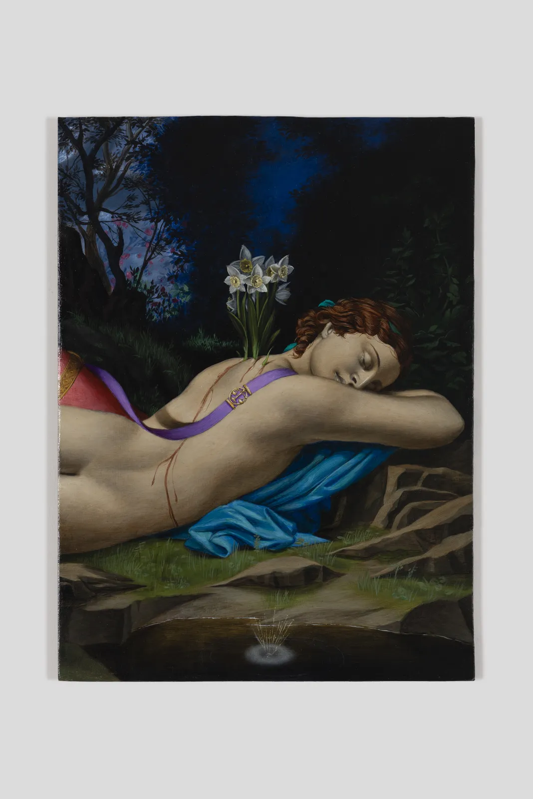 Oil on wood depicting a sleeping figure with flowers growing out of their back.