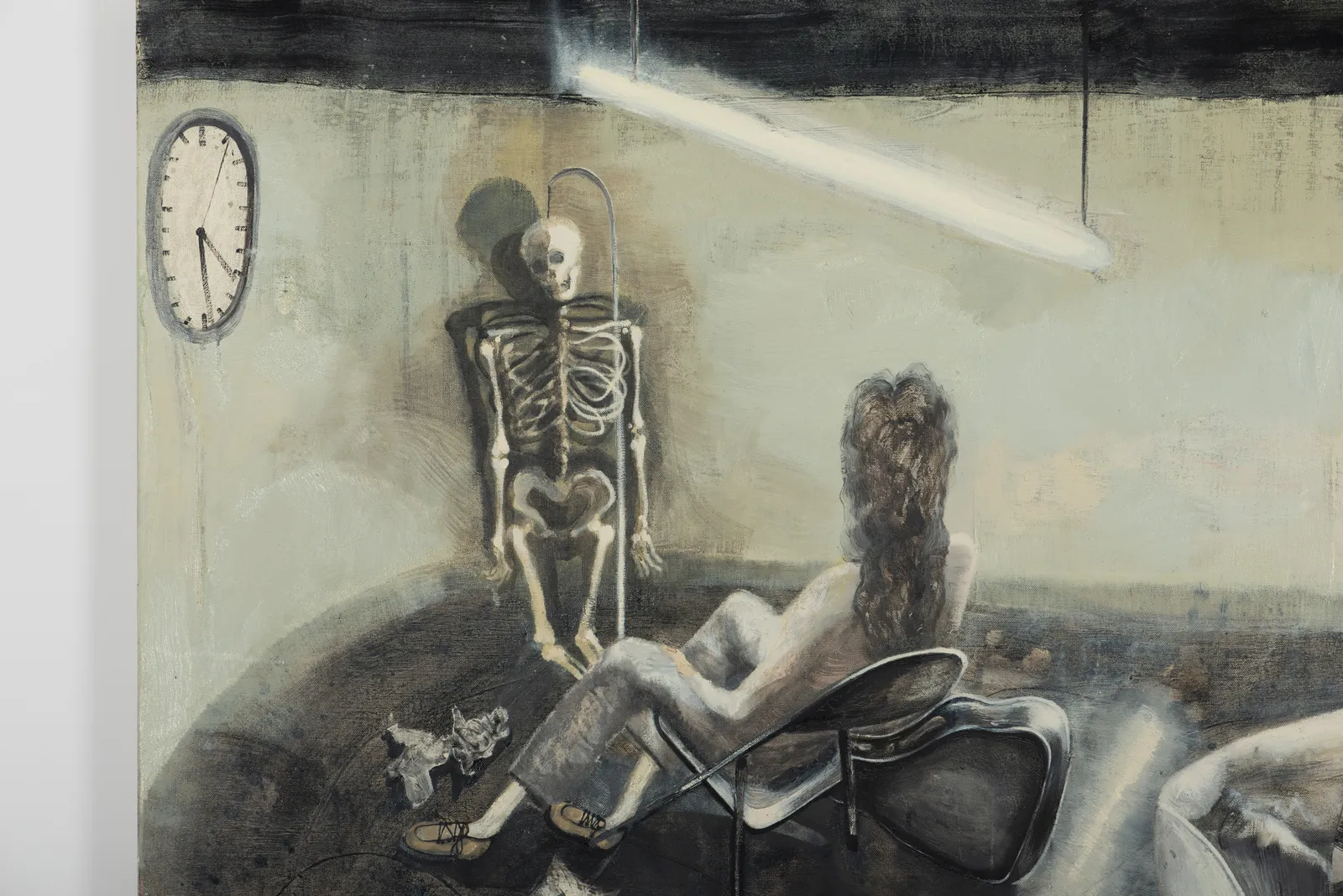 An oil on canvas depicting a nude woman sitting in a chair facing a skeleton propped up in the corner of a room.
