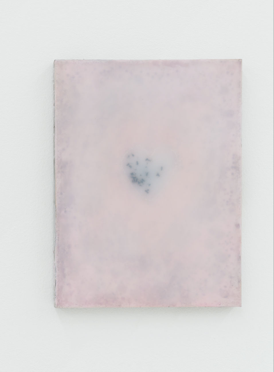 An image of a pink pigmented panel made of rigid foam, rubber, black ants, and mixed fragments hanging on a white wall.