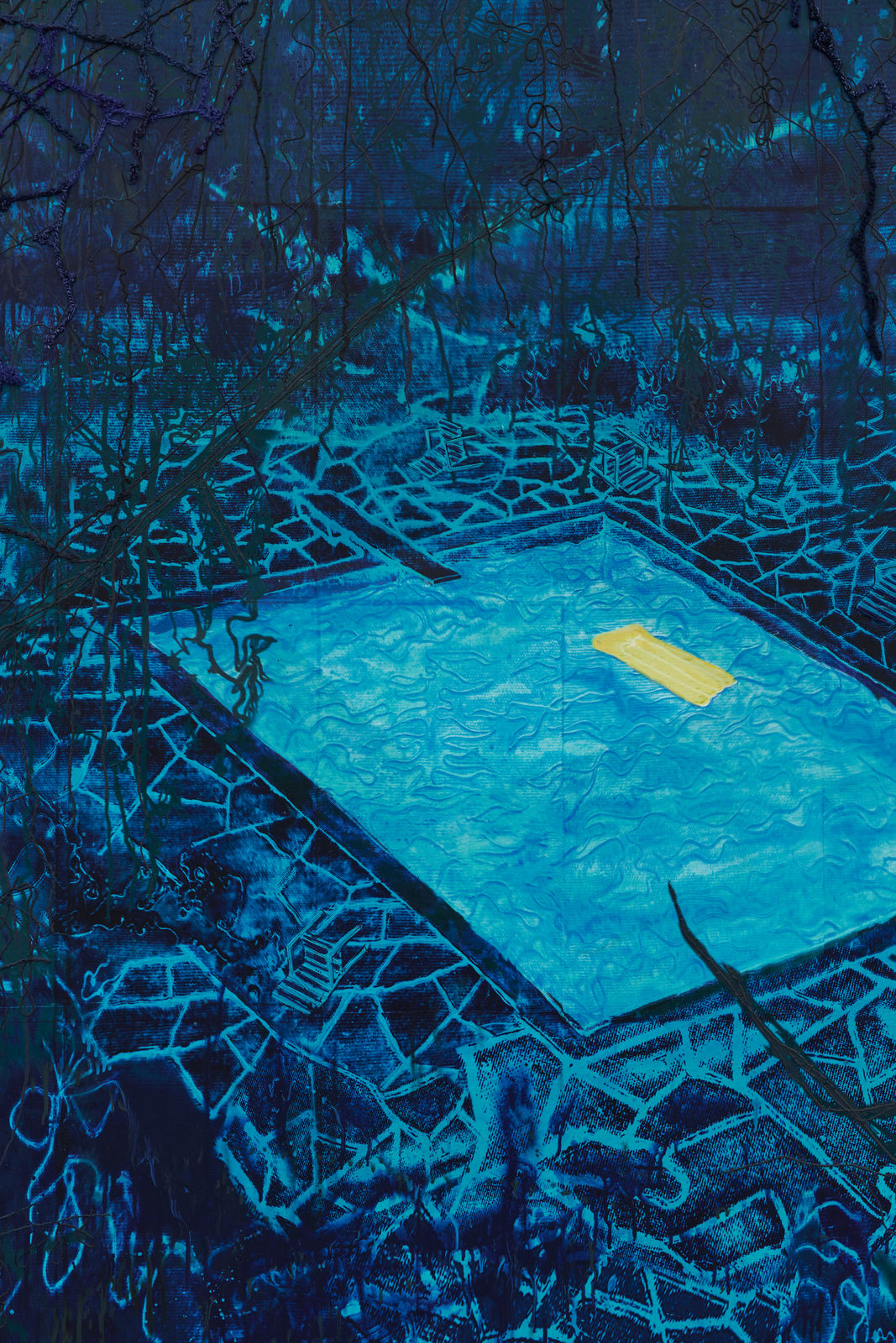A mixed media image depicting a glimmering, blue pool sitting in the middle of a dark and shadowy forest; in the pool floats a yellow pool float.
