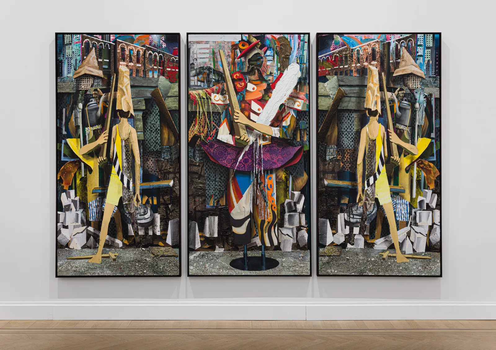 A mixed media piece of abstract scene.