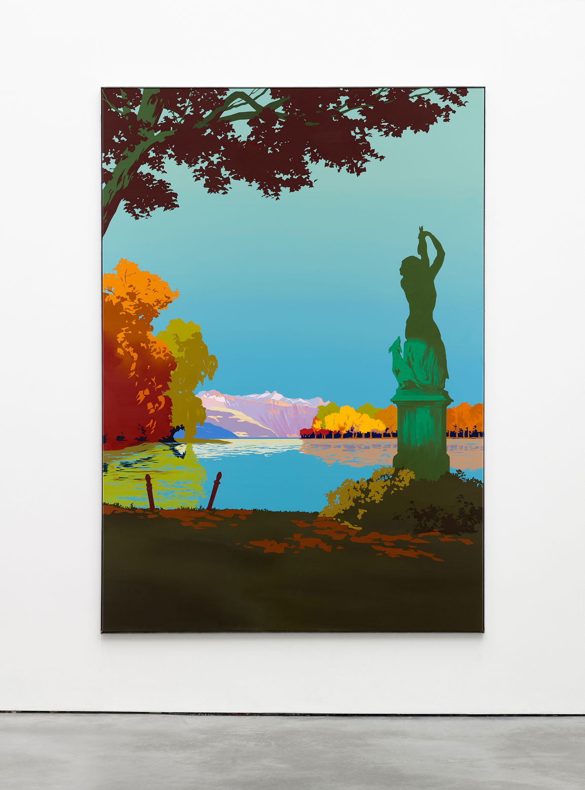 An acrylic on canvas depicting a shadowy landscape featuring a human-shaped statue, trees, and a body of water that appears to be a pond.