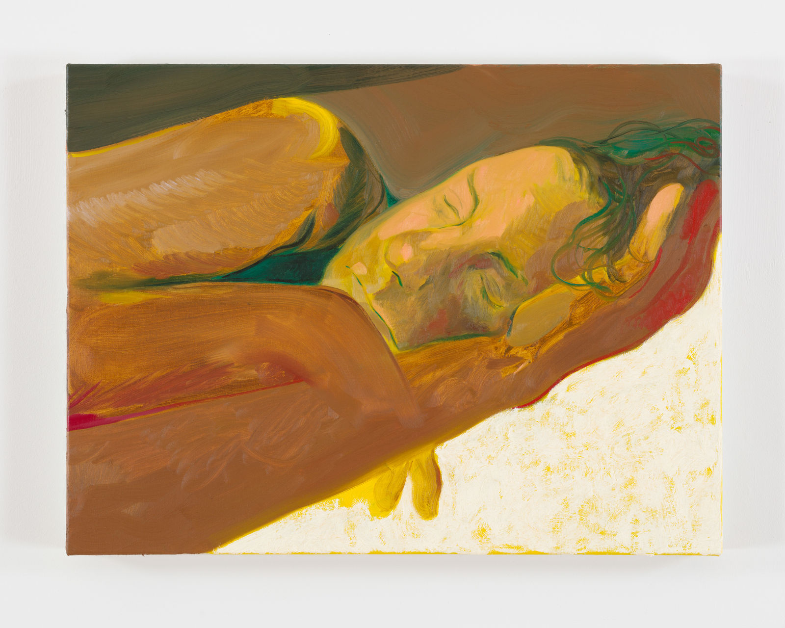 abstract painted image with brownish yellow hues of a woman laying down on top of what appears to look likean outstretched arm