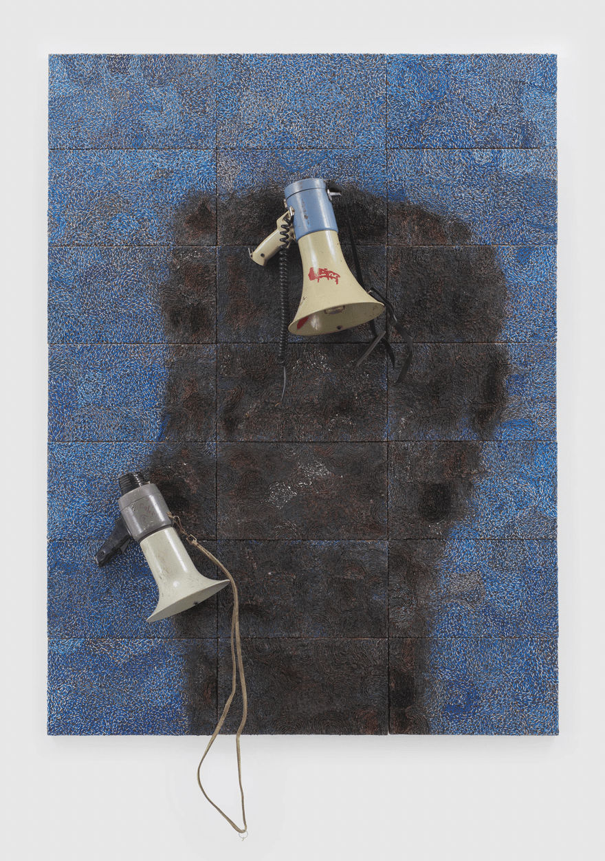 a large mixed media work using reclaimed electrical wires and components on panel, characterized by a large organic shape and two protruding megaphones