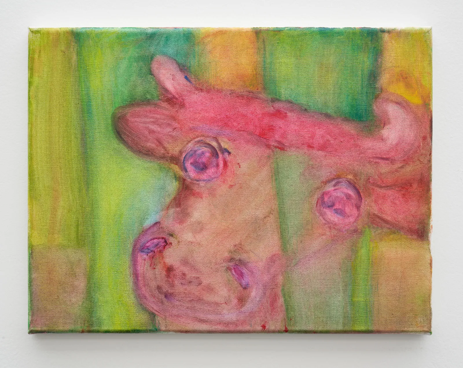 abstract painted image of a green and orange striped background with pink organic shapes taking up a large portion of the space