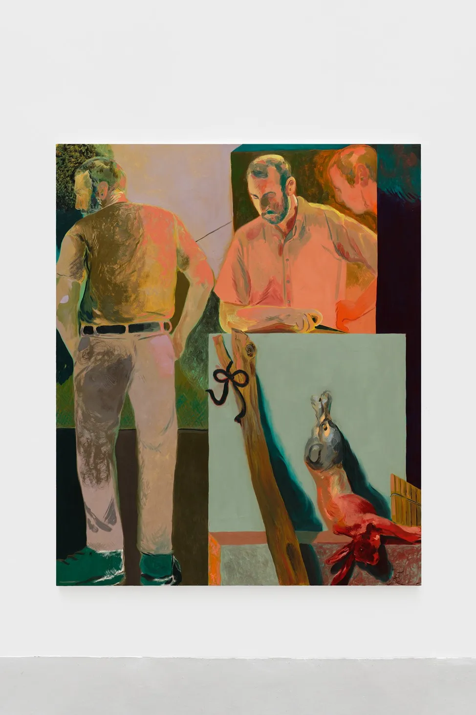 oil painting depicting two men, one facing towards the viewer and looking down. his lower half is obscured by color block
