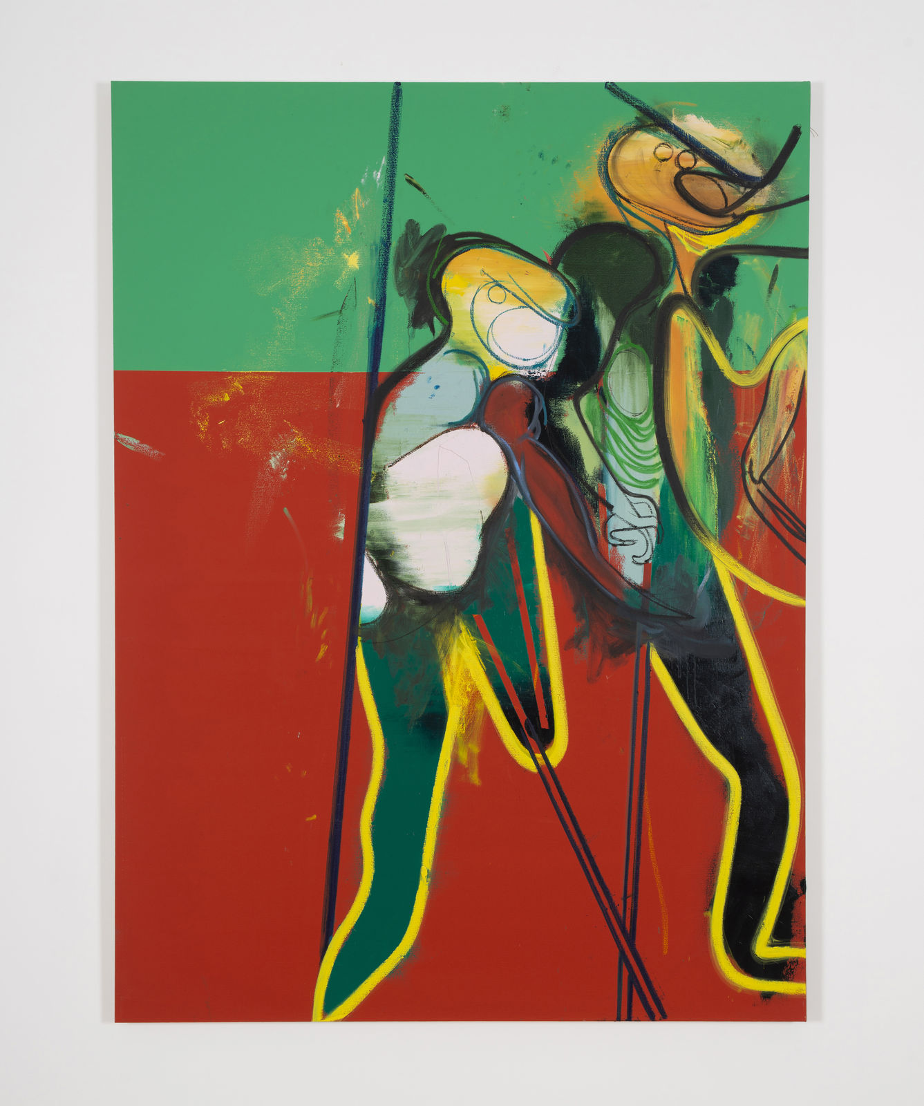 oil painting depicting two abstract figures against a green and red color blocked background