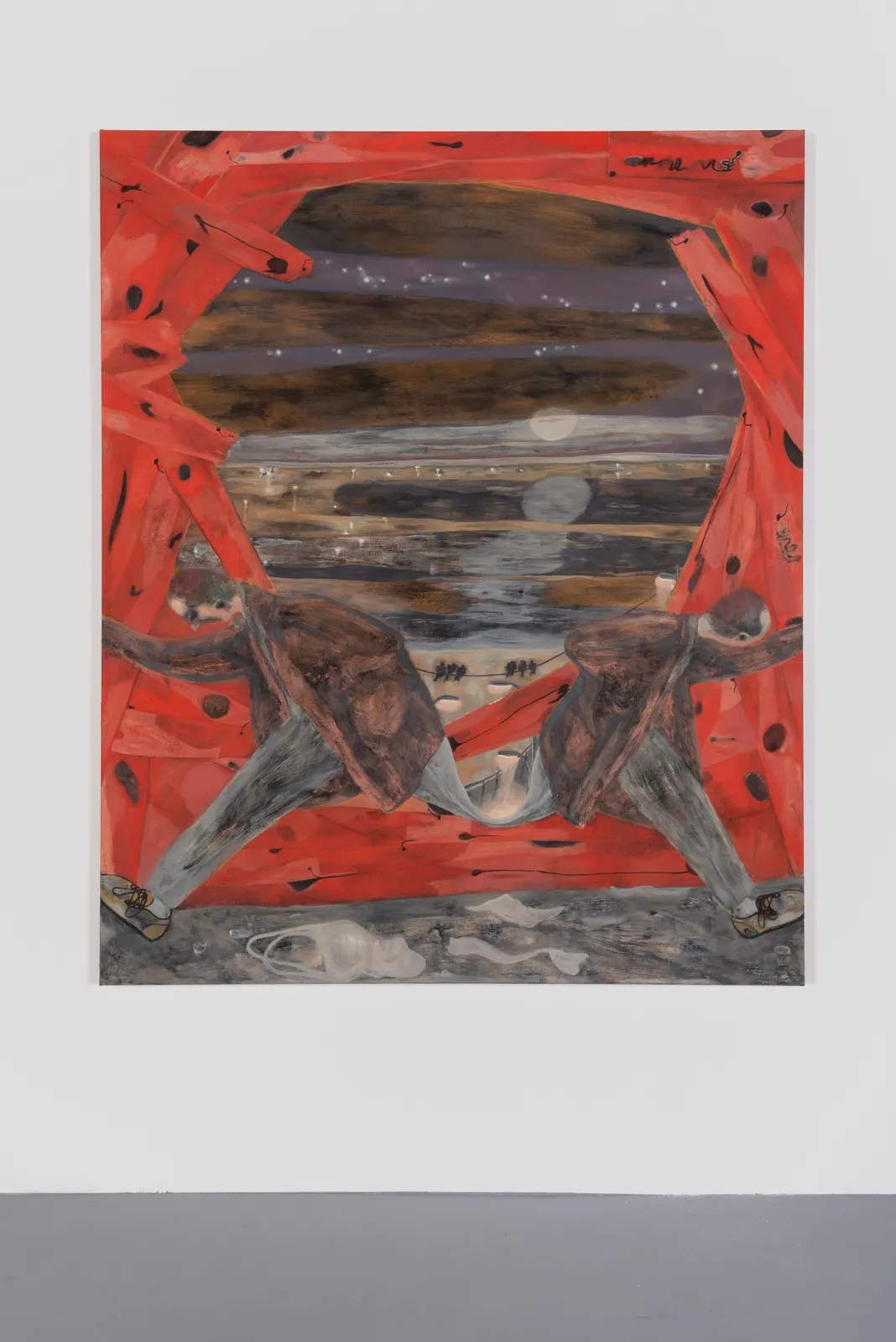 A mixed media painting of two men facing away from one another sitting on some sort of red wooden wall with a large hole in it.