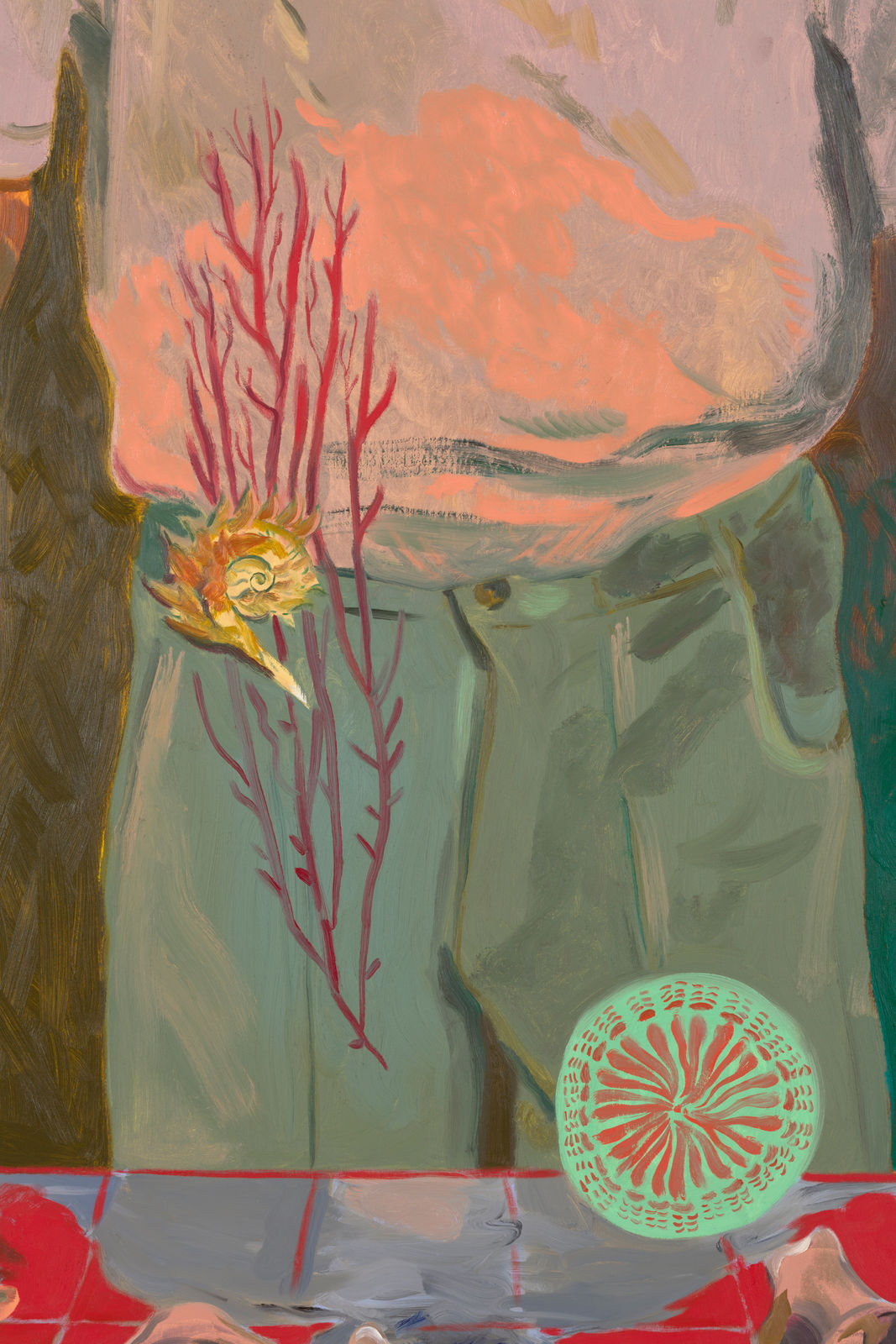 painted abstract image with main hues of red and green of a man leaning down at some shells on a red countertop. organic shapes float upward from the counter and are reflected on his scalp.