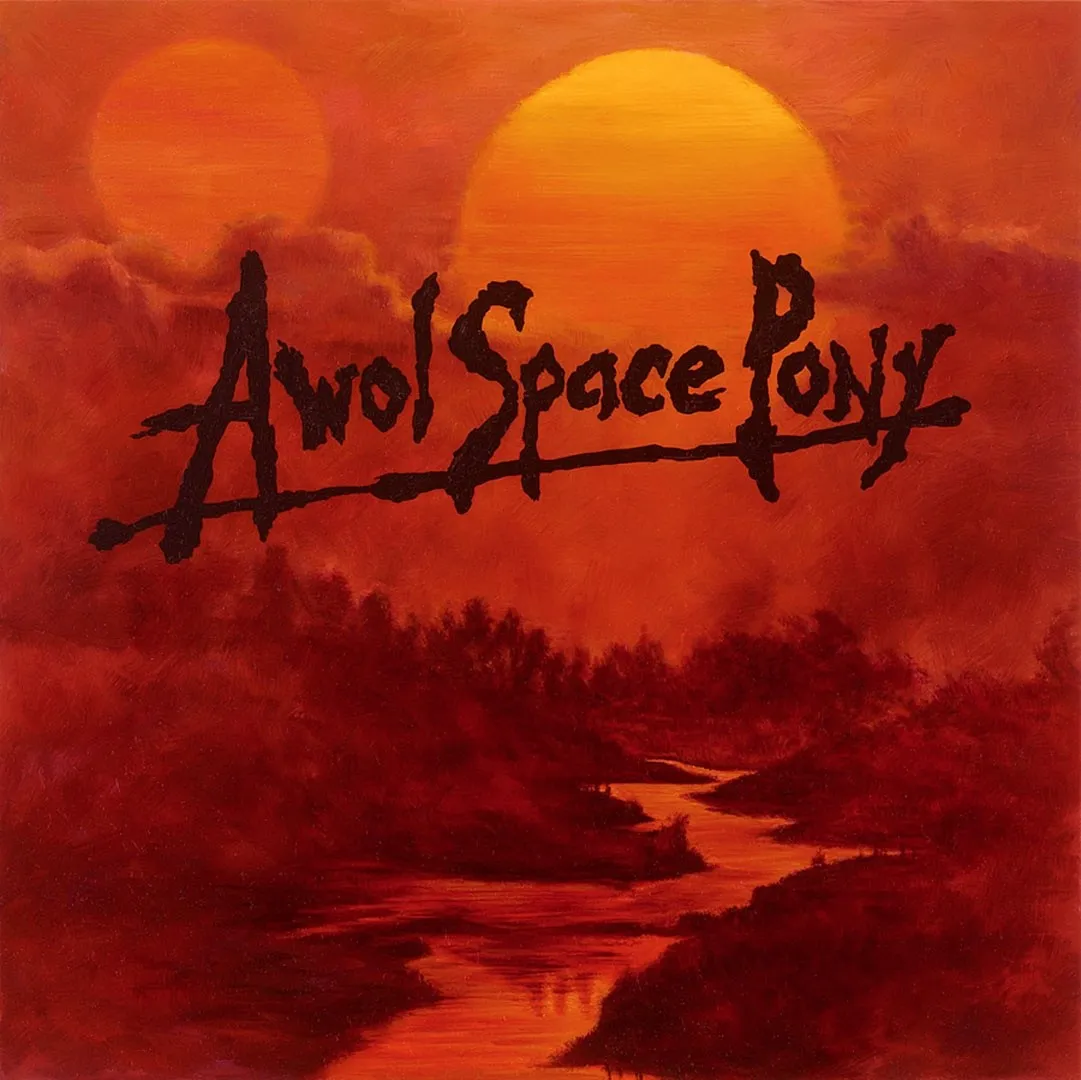 Oil on panel of river in a forest with two suns above, the whole piece is in shades of orange with the words 