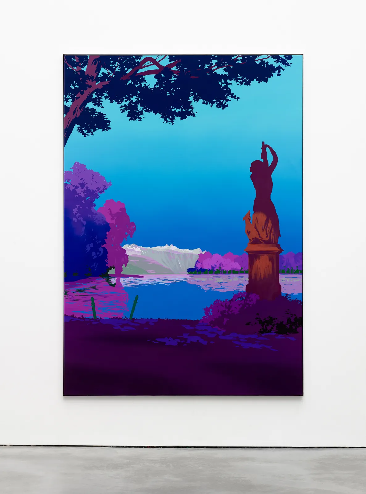 An acrylic on canvas depicting a shadowy landscape featuring a human-shaped statue, trees, and a body of water that appears to be a pond.
